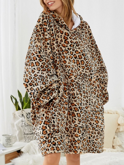 Sudadera Con Capucha De Manta De Gran Tamaño Con Forro Polar De Franela De Leopardo Para Mujer Con Bolsillo Grande