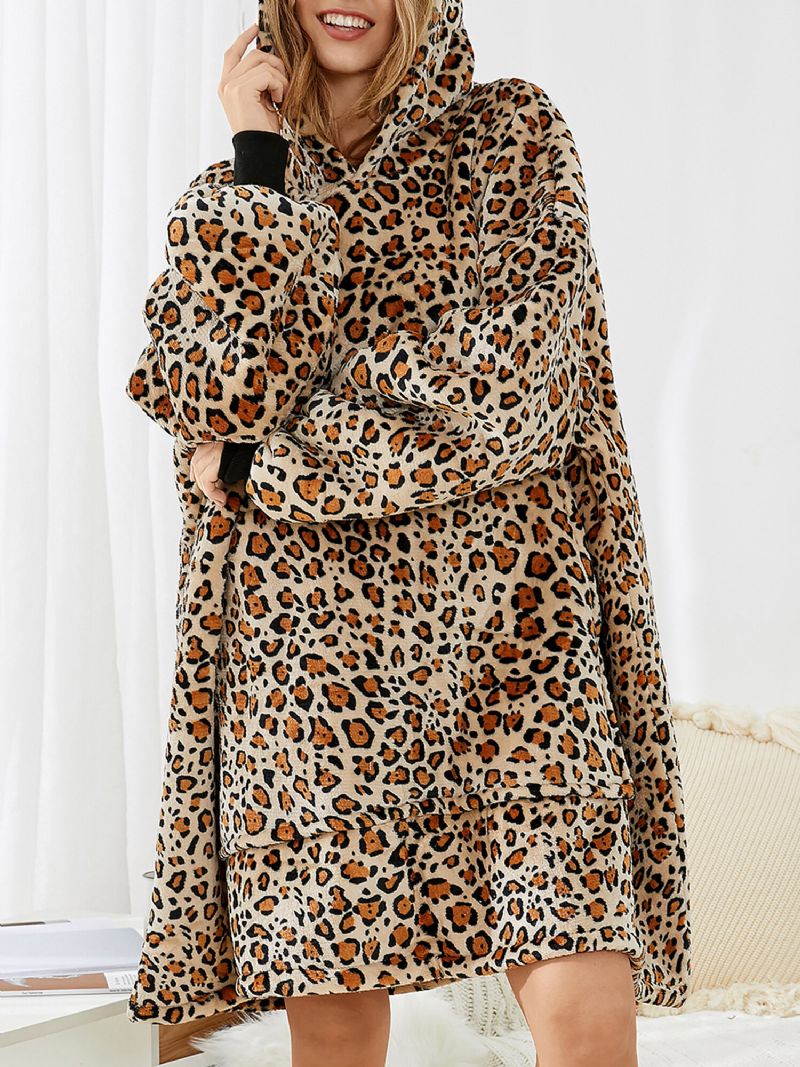 Sudadera Con Capucha De Manta De Gran Tamaño Con Forro Polar De Franela De Leopardo Para Mujer Con Bolsillo Grande