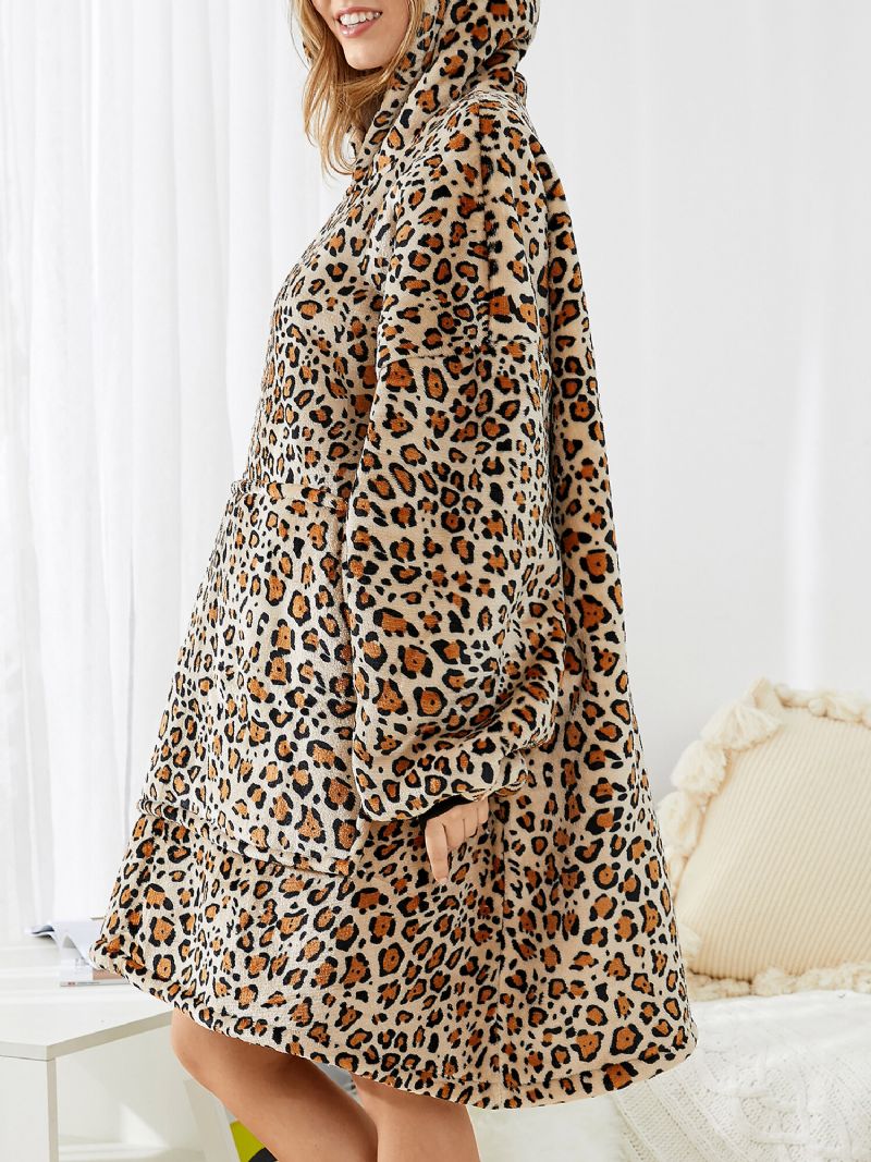 Sudadera Con Capucha De Manta De Gran Tamaño Con Forro Polar De Franela De Leopardo Para Mujer Con Bolsillo Grande