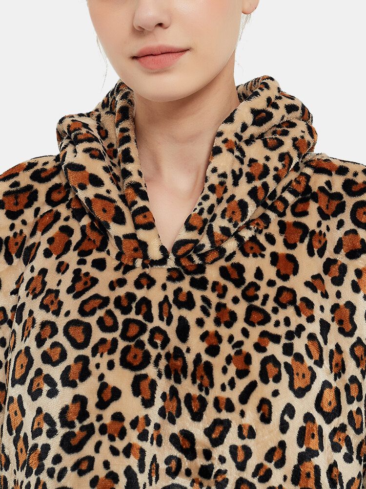 Sudadera Con Capucha De Manta De Gran Tamaño Con Forro Polar De Franela De Leopardo Para Mujer Con Bolsillo Grande