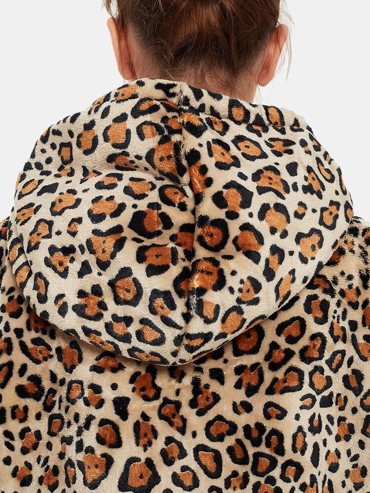 Sudadera Con Capucha De Manta De Gran Tamaño Con Forro Polar De Franela De Leopardo Para Mujer Con Bolsillo Grande