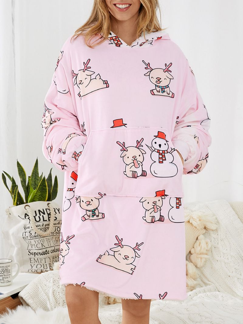 Sudadera Con Capucha De Manta De Hogar Suelta Cálida Espesa Reversible Con Patrón De Muñeco De Nieve Navideño Para Mujer