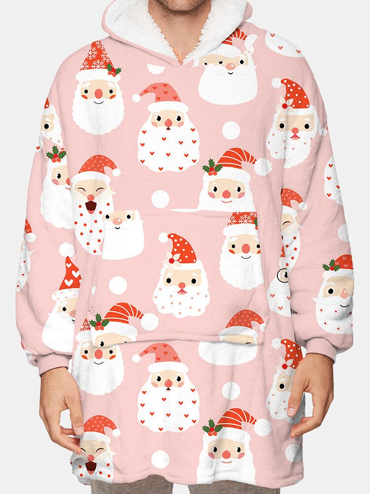 Sudadera Con Capucha De Manta Para El Hogar Reversible Con Forro Polar Grueso Con Estampado De Papá Noel De Dibujos Animados Navideños Para Hombre