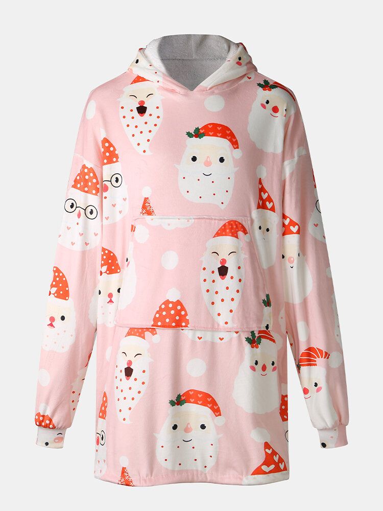 Sudadera Con Capucha De Manta Para El Hogar Reversible Con Forro Polar Grueso Con Estampado De Papá Noel De Dibujos Animados Navideños Para Hombre