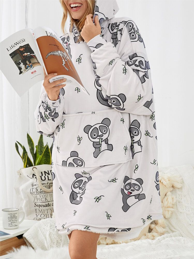 Sudadera Con Capucha De Manta Suelta Para El Hogar Con Forro Polar Con Estampado De Panda Lindo Para Mujer