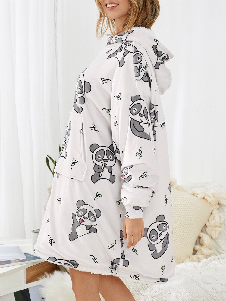 Sudadera Con Capucha De Manta Suelta Para El Hogar Con Forro Polar Con Estampado De Panda Lindo Para Mujer