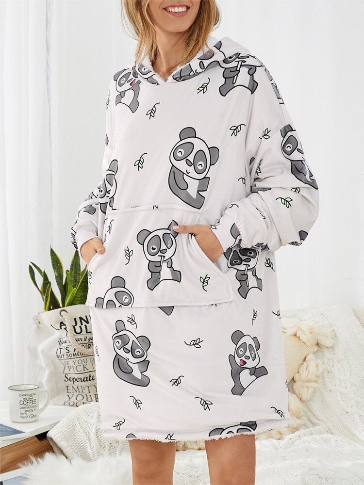 Sudadera Con Capucha De Manta Suelta Para El Hogar Con Forro Polar Con Estampado De Panda Lindo Para Mujer