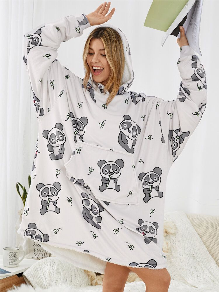 Sudadera Con Capucha De Manta Suelta Para El Hogar Con Forro Polar Con Estampado De Panda Lindo Para Mujer