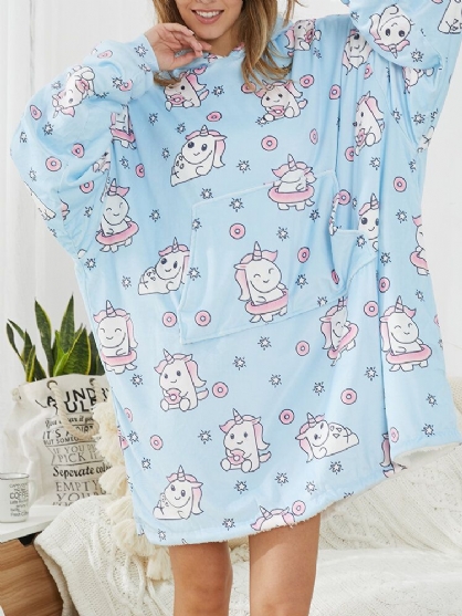 Sudadera Con Capucha De Manta Suelta Para El Hogar Con Forro Polar Y Forro Polar Con Estampado De Unicornio De Dibujos Animados Para Mujer