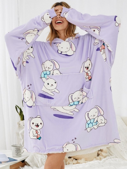 Sudadera Con Capucha De Manta Suelta Reversible Con Estampado De Conejo De Dibujos Animados Para Mujer