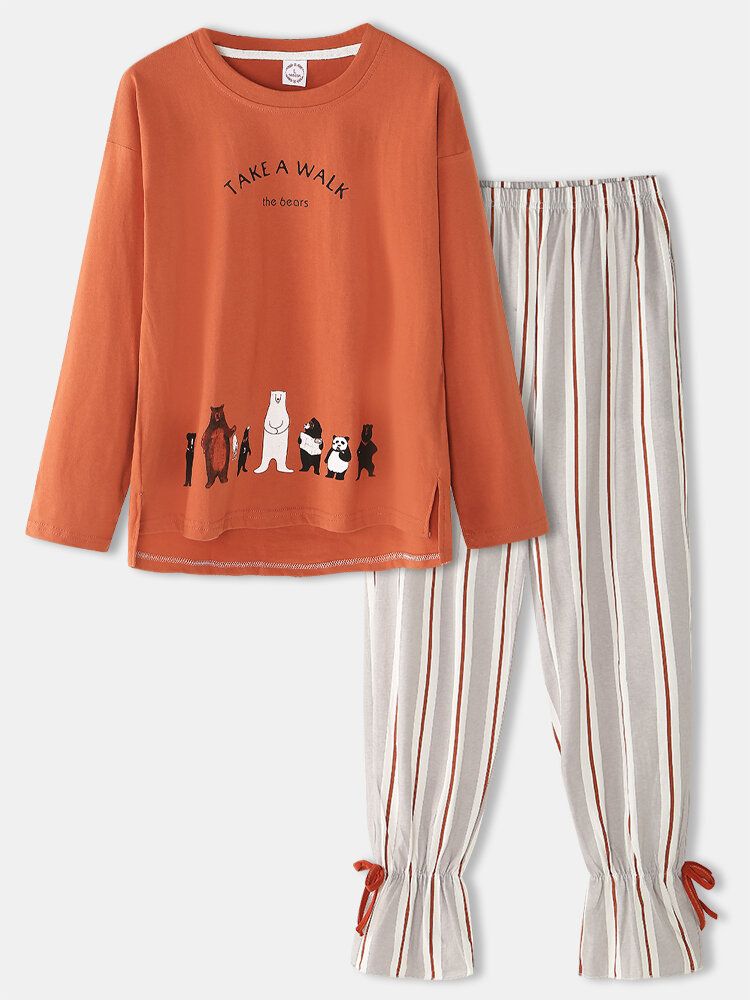 Sudaderas De Manga Larga Con Estampado De Letras Y Animales De Dibujos Animados Para Mujer Pantalones De Chándal A Rayas Conjunto De Pijama Para El Hogar