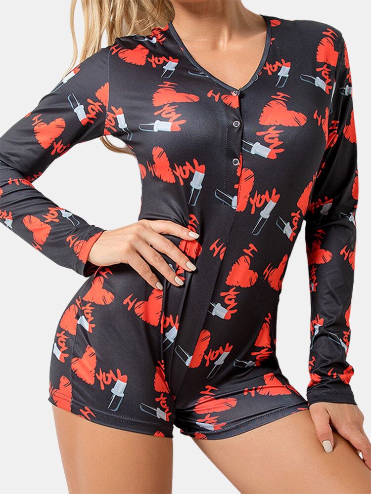 Tallas Grandes Para Mujer Corazón Patrón De Lápiz Labial Cuello En V Manga Larga Onesies Pijamas Mamelucos