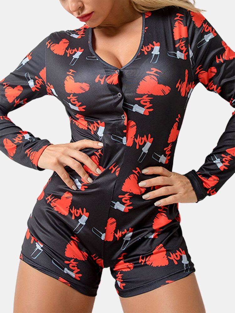 Tallas Grandes Para Mujer Corazón Patrón De Lápiz Labial Cuello En V Manga Larga Onesies Pijamas Mamelucos