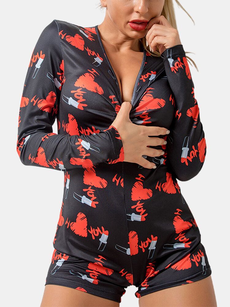 Tallas Grandes Para Mujer Corazón Patrón De Lápiz Labial Cuello En V Manga Larga Onesies Pijamas Mamelucos