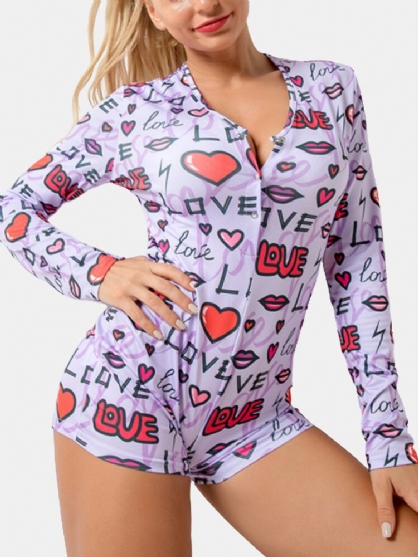 Tallas Grandes Para Mujer Corazón Y Letra Estampado Con Cuello En V Manga Larga Onesies Ropa De Dormir Mamelucos