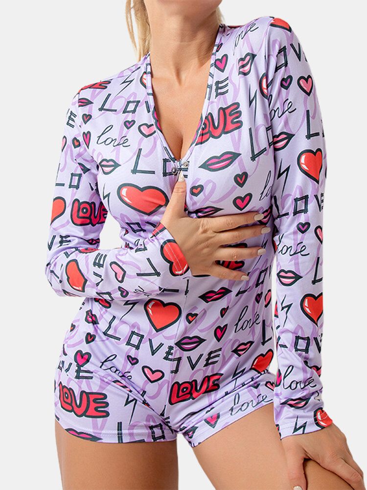 Tallas Grandes Para Mujer Corazón Y Letra Estampado Con Cuello En V Manga Larga Onesies Ropa De Dormir Mamelucos