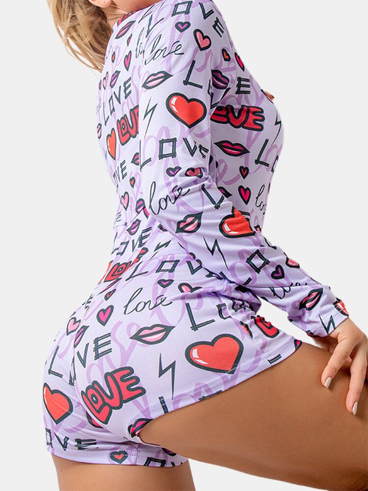 Tallas Grandes Para Mujer Corazón Y Letra Estampado Con Cuello En V Manga Larga Onesies Ropa De Dormir Mamelucos