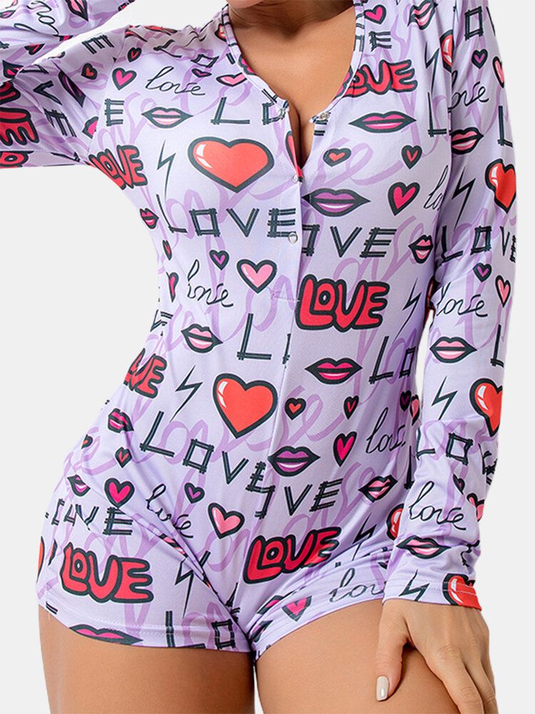 Tallas Grandes Para Mujer Corazón Y Letra Estampado Con Cuello En V Manga Larga Onesies Ropa De Dormir Mamelucos