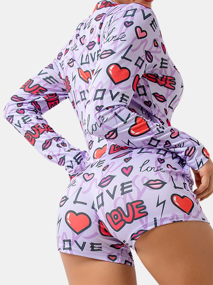 Tallas Grandes Para Mujer Corazón Y Letra Estampado Con Cuello En V Manga Larga Onesies Ropa De Dormir Mamelucos