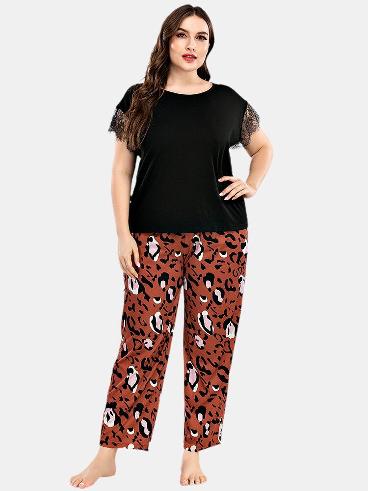 Tallas Grandes Para Mujer Encaje Negro Manga Corta Top Pantalones De Leopardo Conjunto De Pijama Informal Para El Hogar