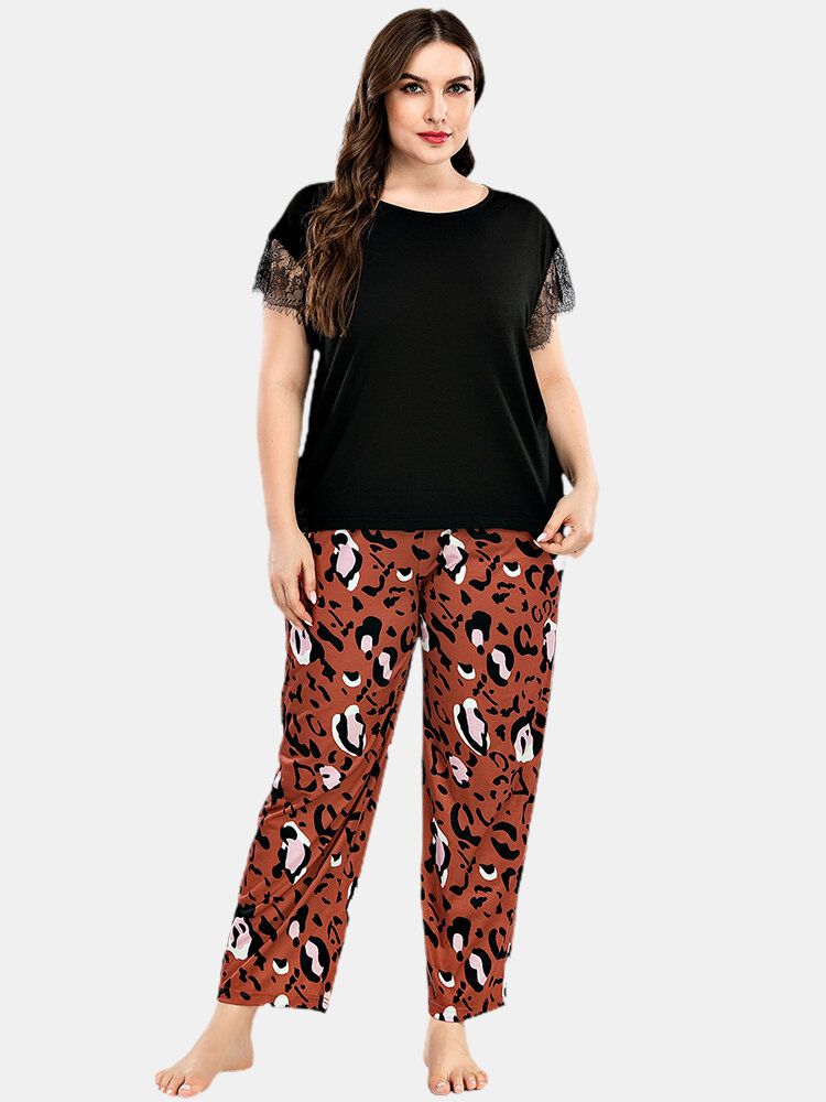 Tallas Grandes Para Mujer Encaje Negro Manga Corta Top Pantalones De Leopardo Conjunto De Pijama Informal Para El Hogar