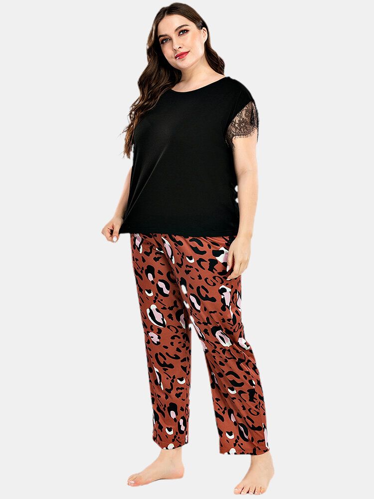 Tallas Grandes Para Mujer Encaje Negro Manga Corta Top Pantalones De Leopardo Conjunto De Pijama Informal Para El Hogar