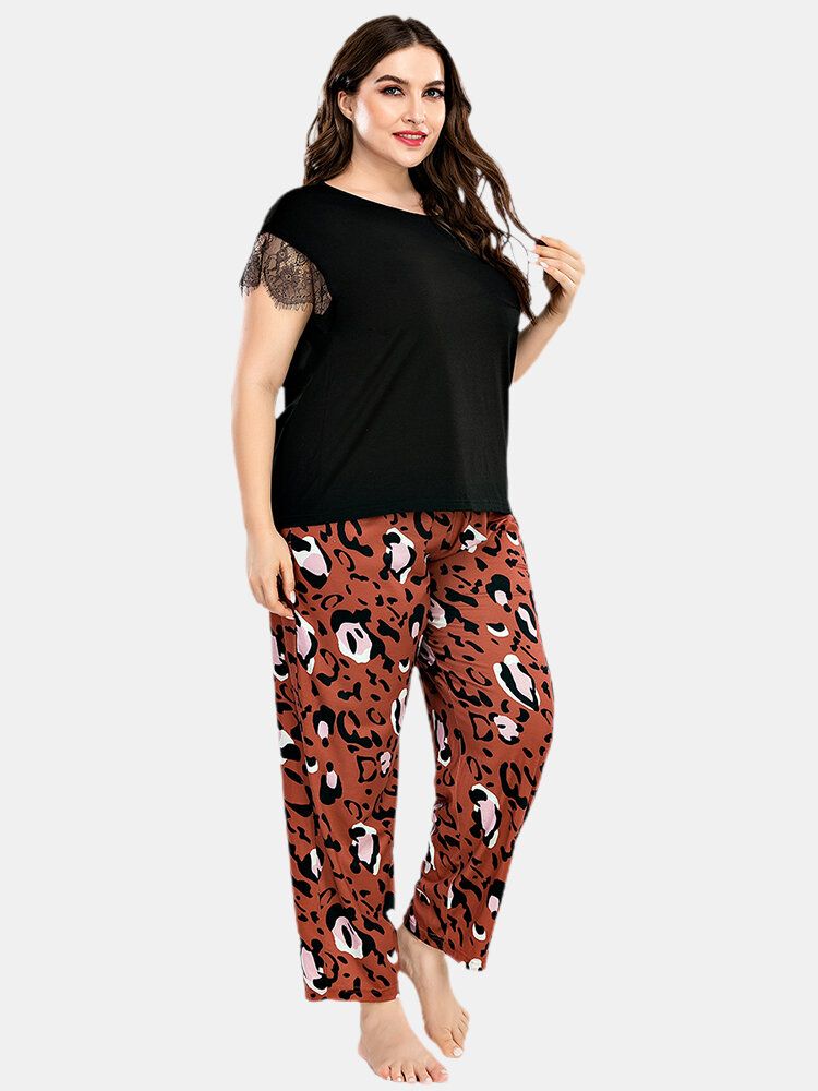 Tallas Grandes Para Mujer Encaje Negro Manga Corta Top Pantalones De Leopardo Conjunto De Pijama Informal Para El Hogar