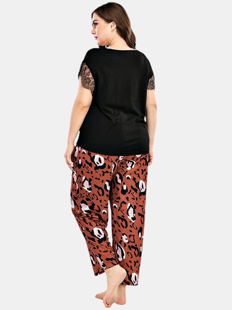 Tallas Grandes Para Mujer Encaje Negro Manga Corta Top Pantalones De Leopardo Conjunto De Pijama Informal Para El Hogar