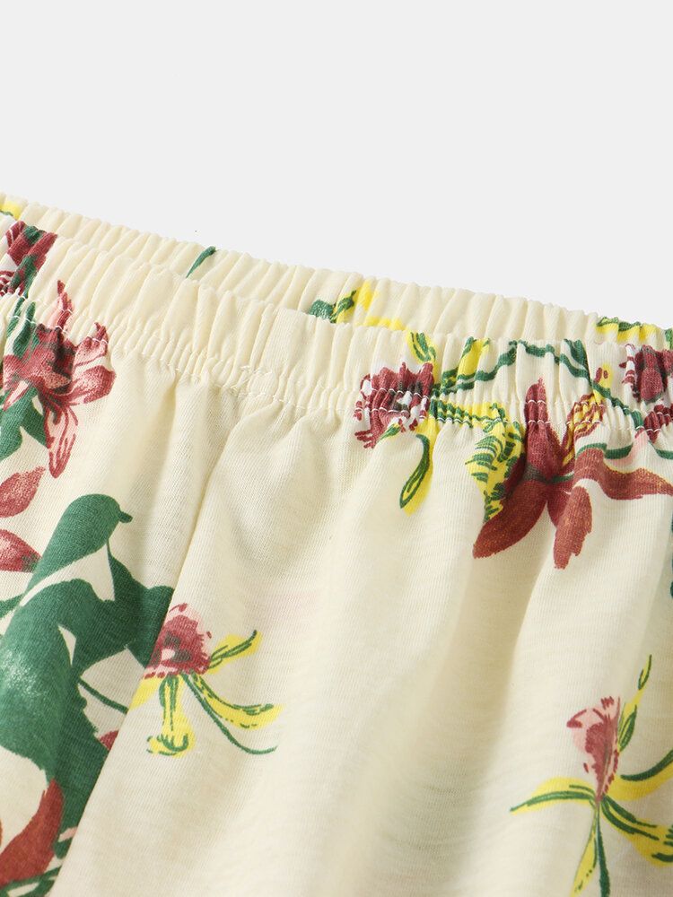 Tallas Grandes Para Mujer Estampado De Plantas Manga Corta Top Pantalones De Cintura Elástica Conjunto De Pijama Informal Para El Hogar