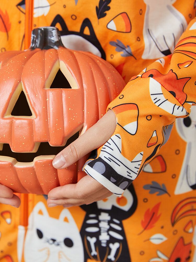 Tallas Grandes Para Mujer De Halloween Con Estampado De Dibujos Animados Lindo Media Cremallera Manga Larga Con Capucha Mamelucos Para El Hogar