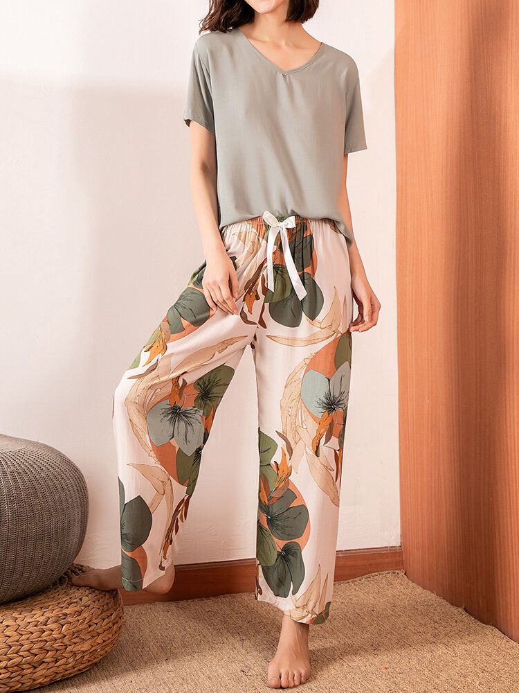 Tops Con Cuello En V Para Mujer Pantalones Anchos Con Estampado De Plantas Tropicales Conjunto De Pijama Informal