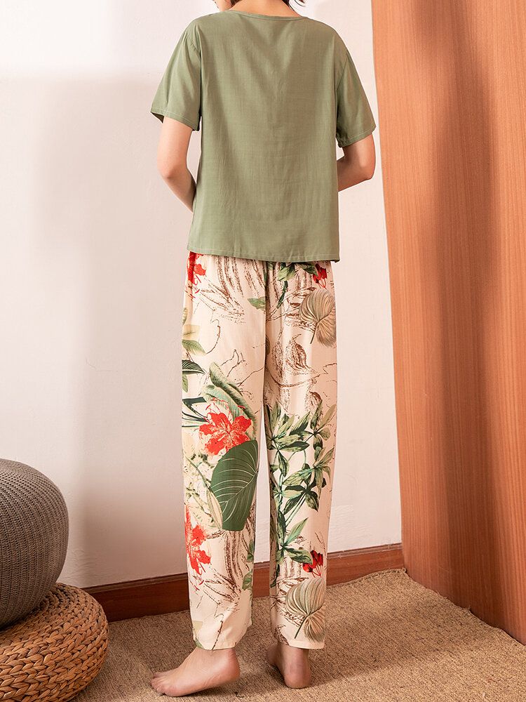 Tops Con Cuello En V Para Mujer Pantalones Anchos Con Estampado De Plantas Tropicales Conjunto De Pijama Informal