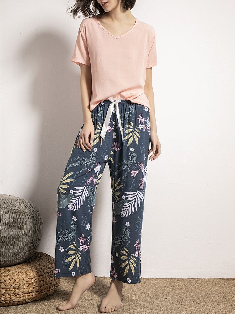 Tops De Manga Corta Para Mujer Pantalones Anchos Con Estampado Floral Tropical Conjunto De Pijama Suave