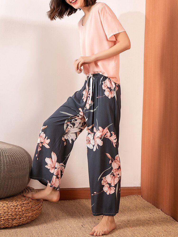 Tops De Manga Corta Para Mujer Pantalones Anchos Con Estampado Floral Tropical Conjunto De Pijama Suave