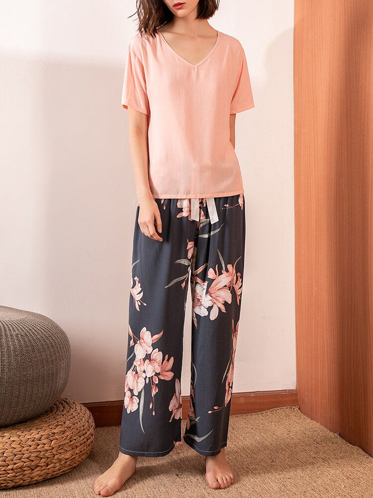 Tops De Manga Corta Para Mujer Pantalones Anchos Con Estampado Floral Tropical Conjunto De Pijama Suave