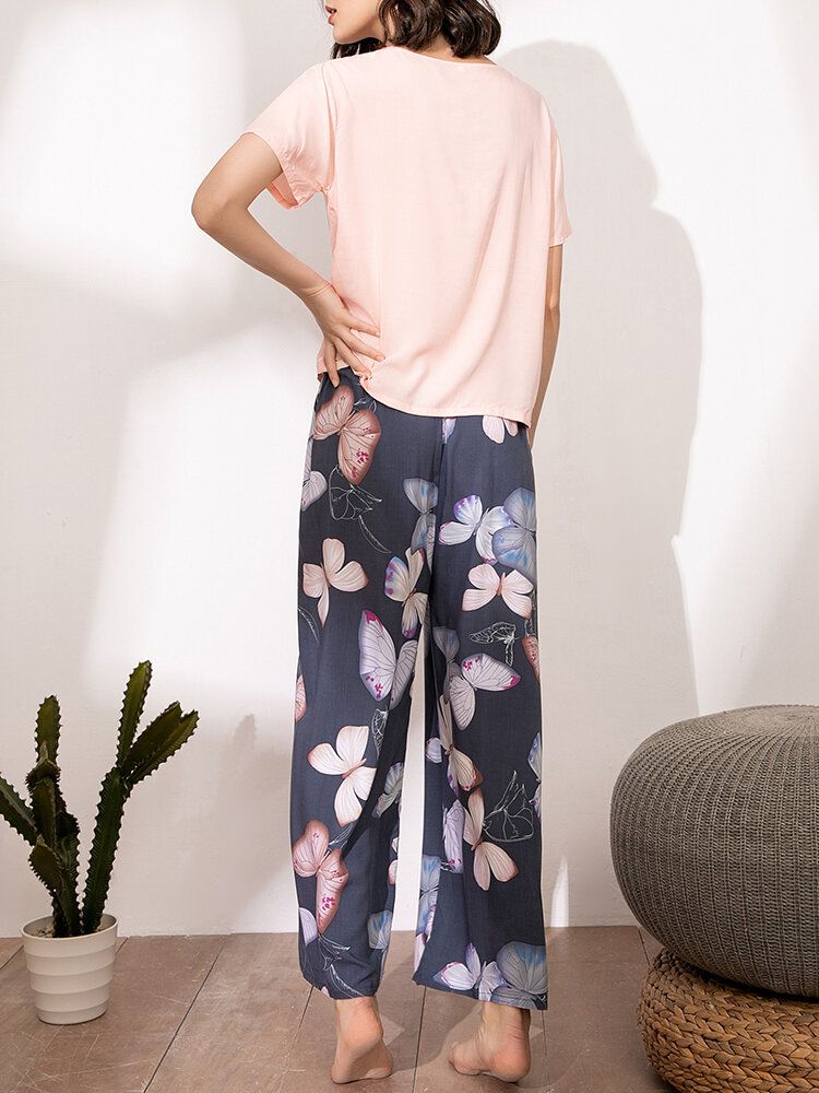 Tops De Manga Corta Para Mujer Pantalones Anchos Con Estampado Floral Tropical Conjunto De Pijama Suave