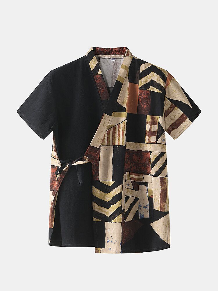 Traje De Sauna De Pijama De Bolsillo Con Cuello En V Y Estampado Abstracto Para Hombre