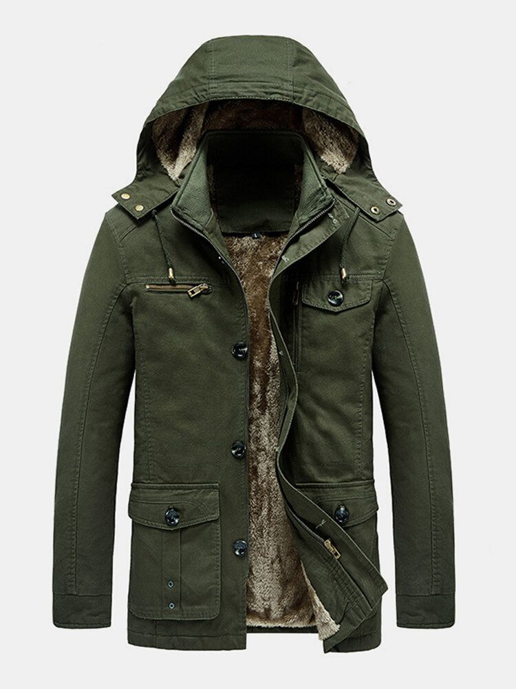 Parkas Cálidas Con Botones De Algodón Grueso Y Forro Polar Para Hombre Con Capucha Extraíble