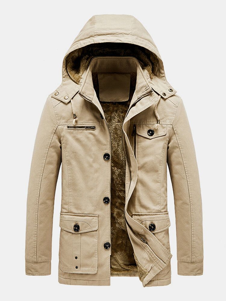 Parkas Cálidas Con Botones De Algodón Grueso Y Forro Polar Para Hombre Con Capucha Extraíble