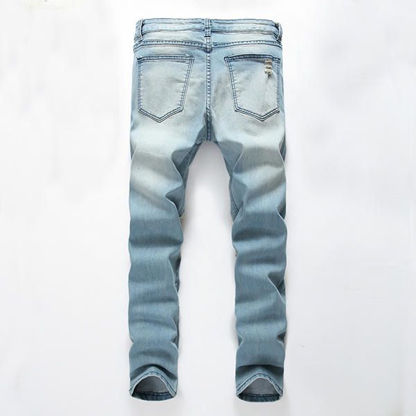 Agujeros Para Hombre Moda Casual Piernas Rectas Jeans Vintage Pantalones De Mezclilla Azul Claro