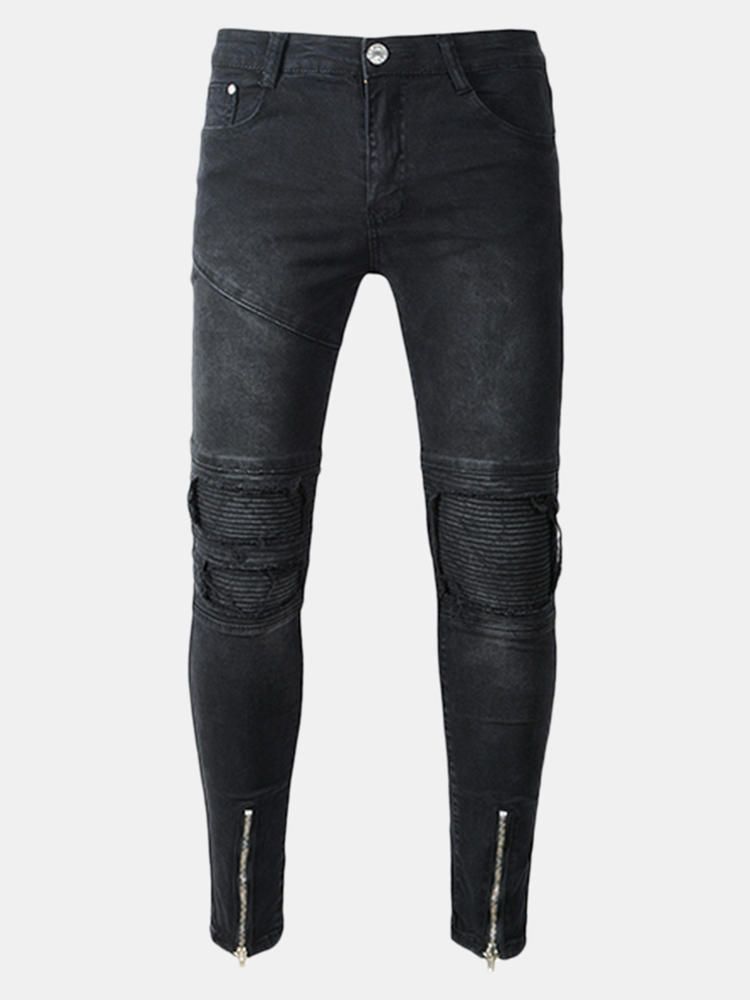 Black Biker Fold Holes Zipper Slim Ripped Jeans Para Hombres