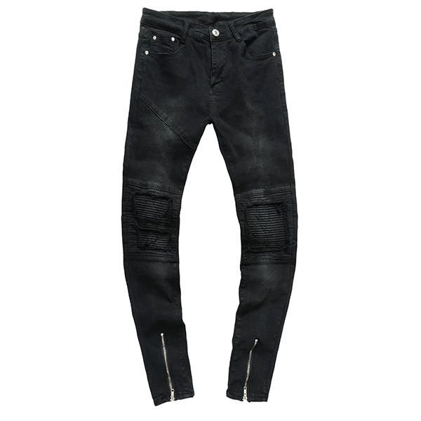 Black Biker Fold Holes Zipper Slim Ripped Jeans Para Hombres