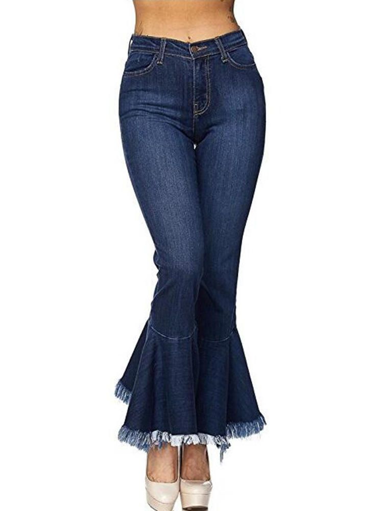 Jeans Acampanados Con Flecos Elásticos Vintage Para Mujer