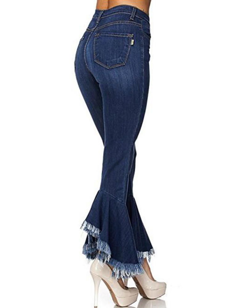 Jeans Acampanados Con Flecos Elásticos Vintage Para Mujer