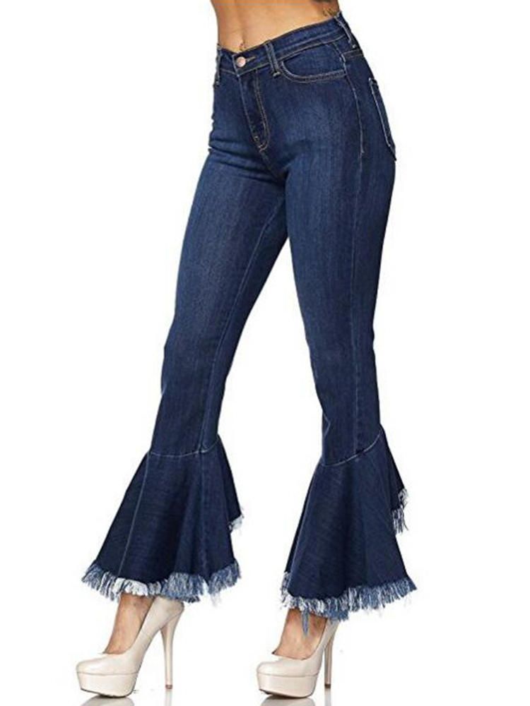 Jeans Acampanados Con Flecos Elásticos Vintage Para Mujer