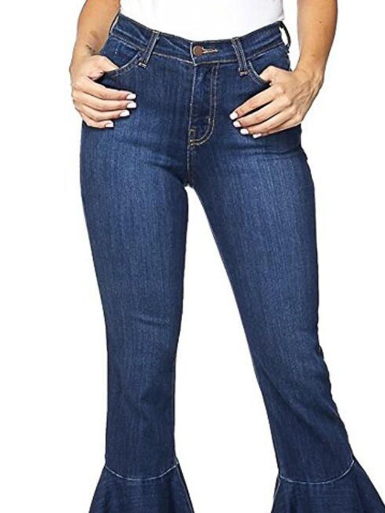 Jeans Acampanados Con Flecos Elásticos Vintage Para Mujer