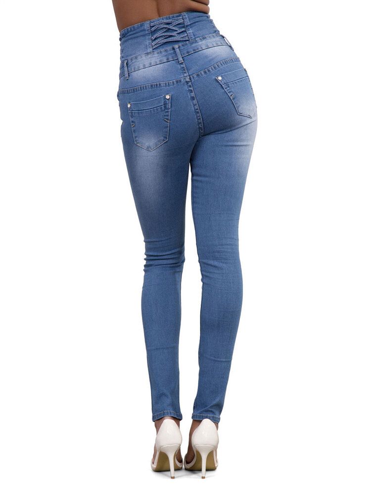 Jeans Ajustados Casuales De Tiro Alto Para Mujer