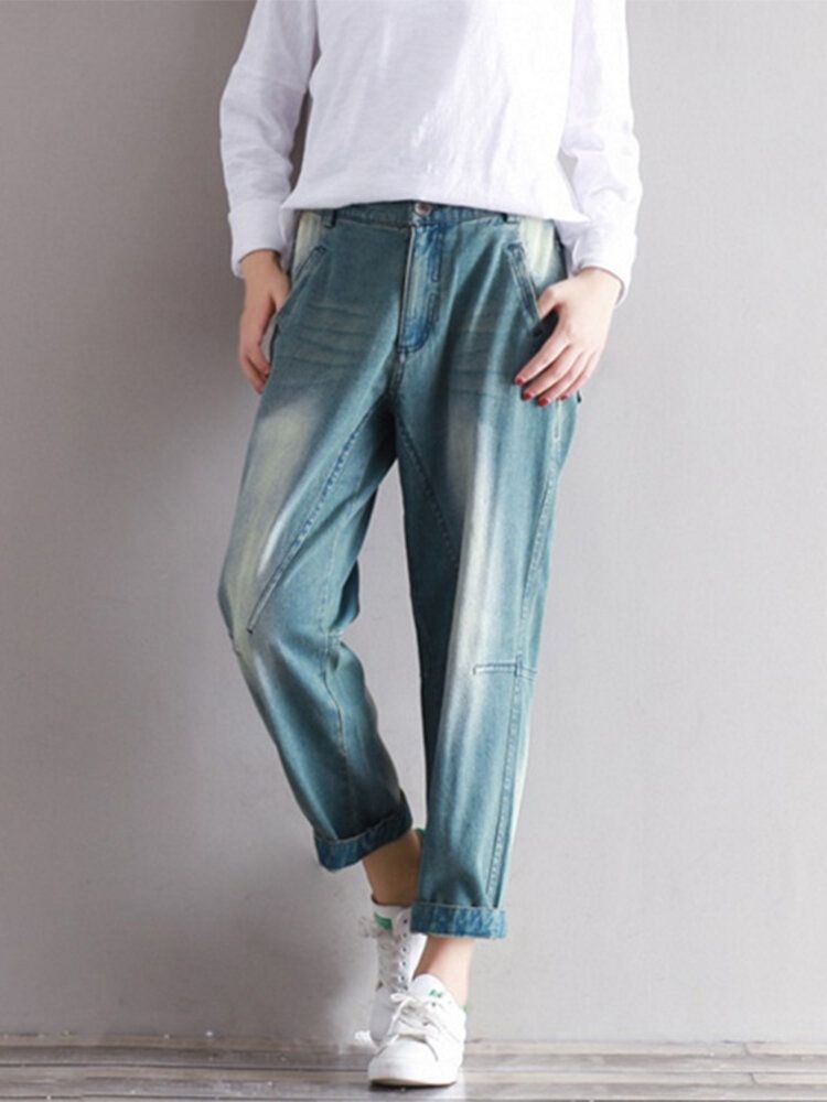 Jeans De Algodón Hasta El Tobillo Con Costura De Mujer Casual Vintage Con Bolsillo