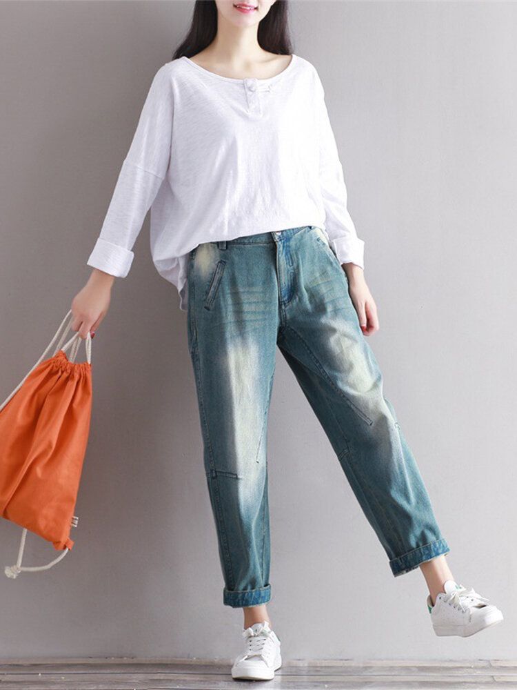 Jeans De Algodón Hasta El Tobillo Con Costura De Mujer Casual Vintage Con Bolsillo