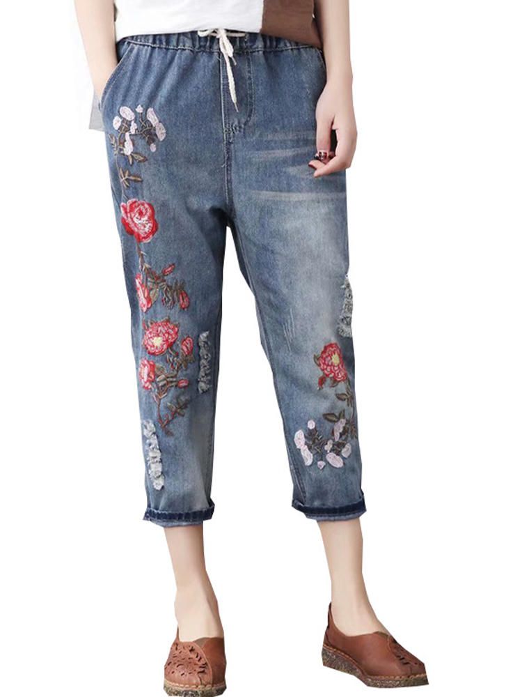 Jeans Casuales De Cintura Alta Con Estampado De Bordado Vintage Para Mujer